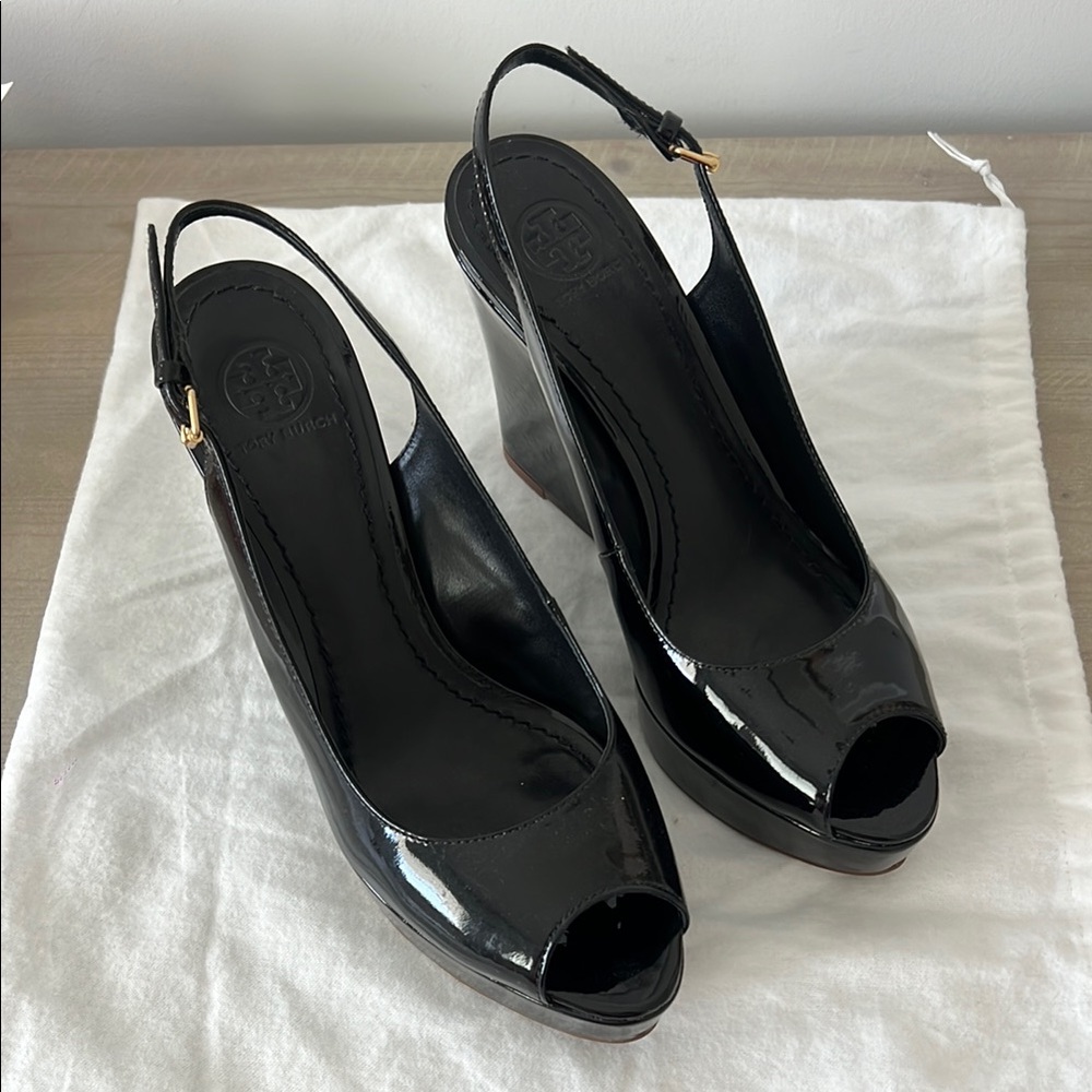 Tory Burch Black Patent Leather Wedge Slingbacks